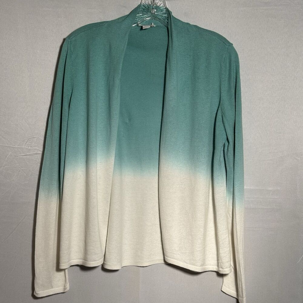 Chico’s Size 0 Teal Ivory Ombre Open Front Cardigan Sweater Lightweight Career